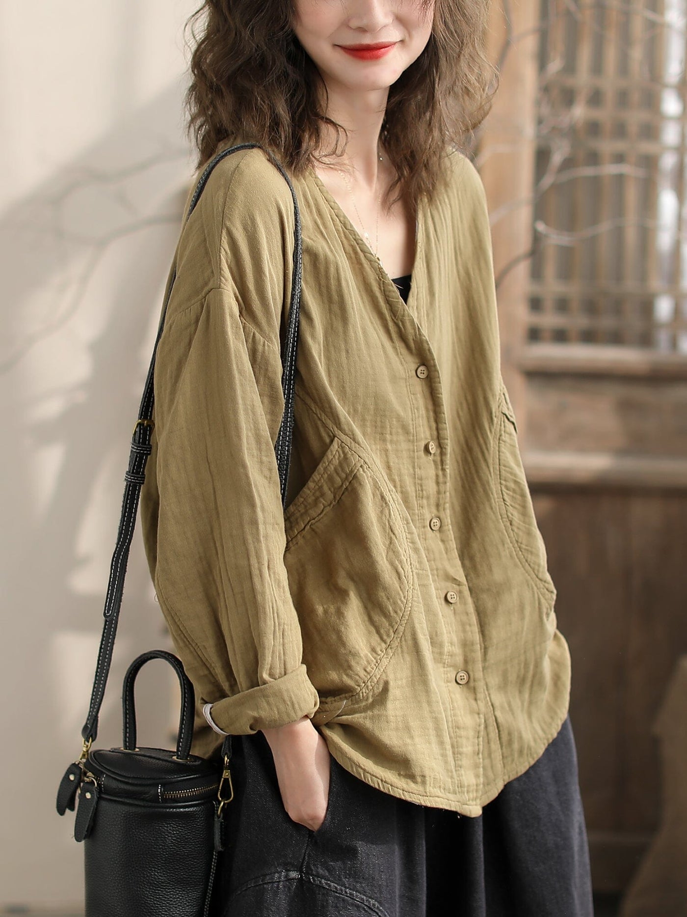 Women Spring Casual V-Neck Cotton Loose Blouse Jan 2024 New Arrival 