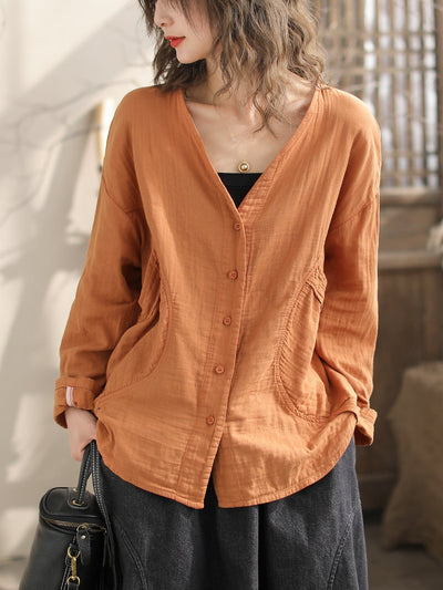 Women Spring Casual V-Neck Cotton Loose Blouse Jan 2024 New Arrival 