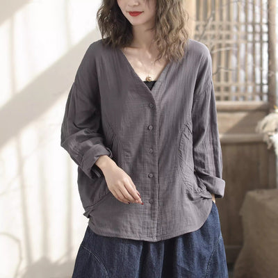 Women Spring Casual V-Neck Cotton Loose Blouse Jan 2024 New Arrival Gray One Size 
