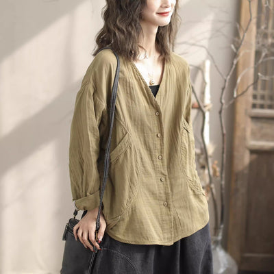 Women Spring Casual V-Neck Cotton Loose Blouse Jan 2024 New Arrival Khaki One Size 