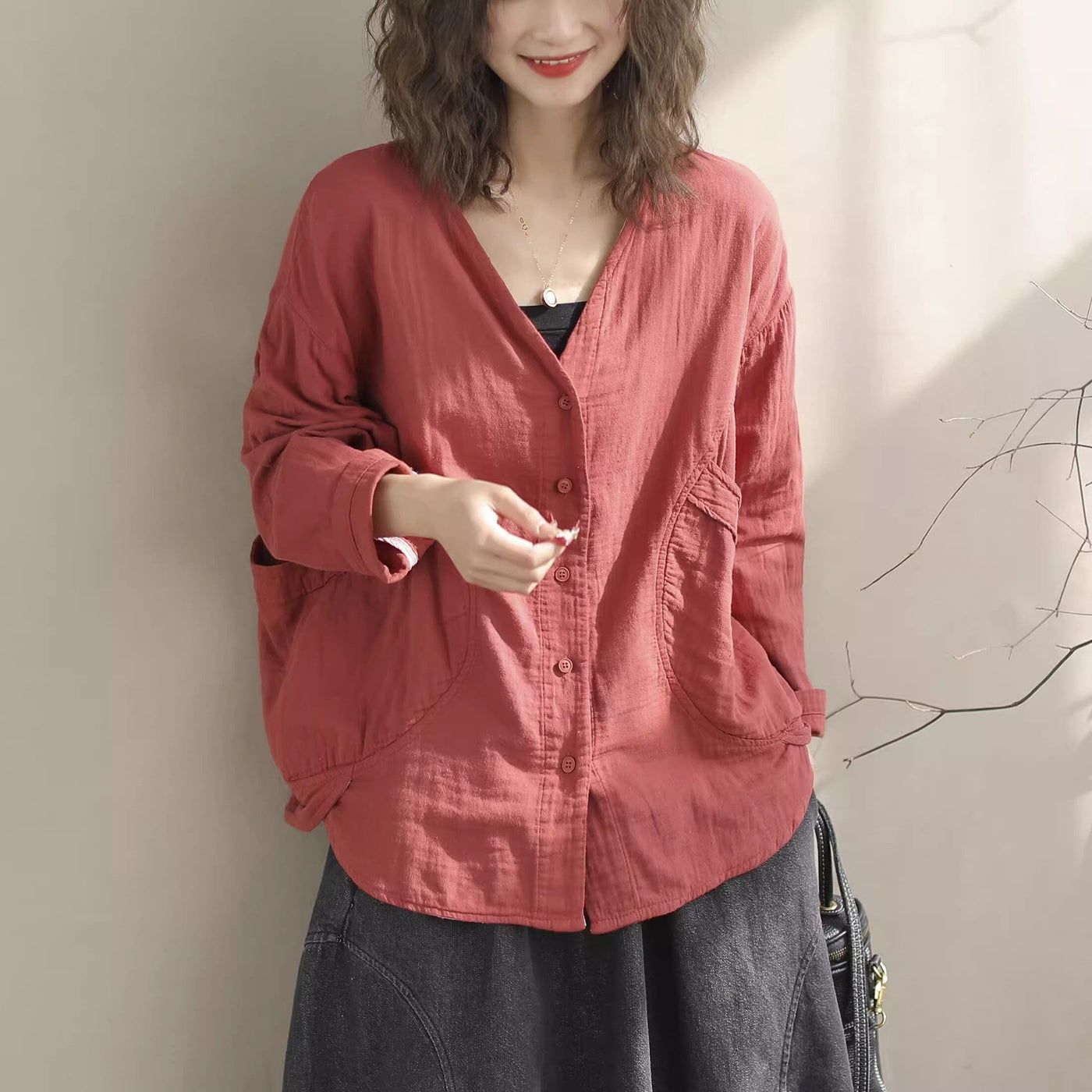 Women Spring Casual V-Neck Cotton Loose Blouse Jan 2024 New Arrival Red One Size 