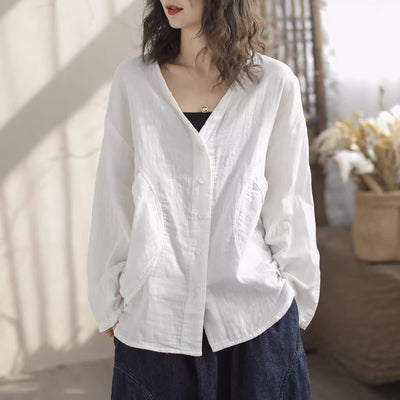 Women Spring Casual V-Neck Cotton Loose Blouse Jan 2024 New Arrival White One Size 