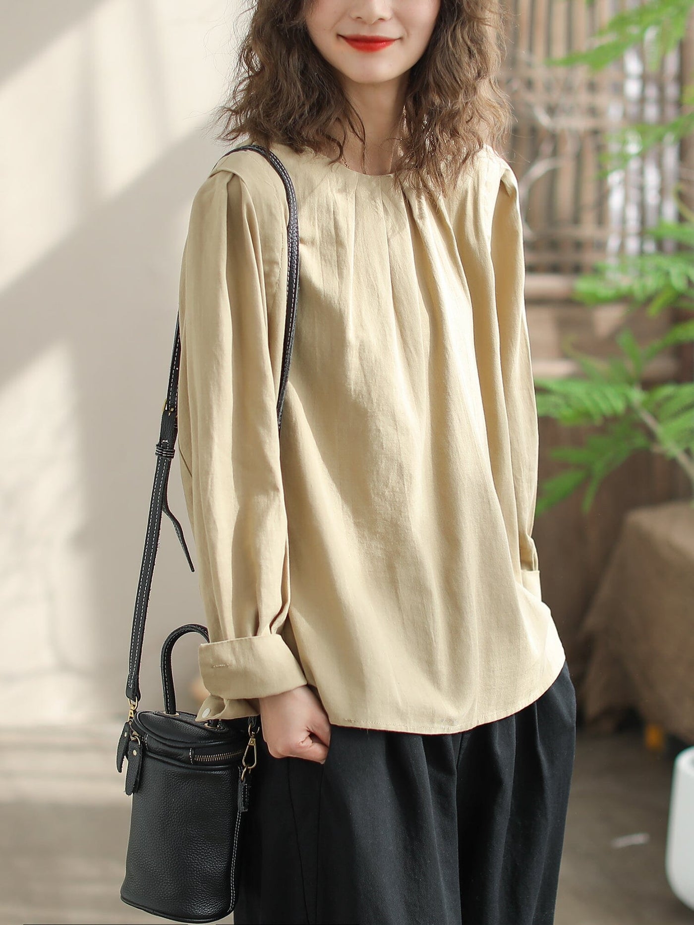 Women Spring Cotton Loose Casual Blouse Jan 2024 New Arrival Khaki One Size 