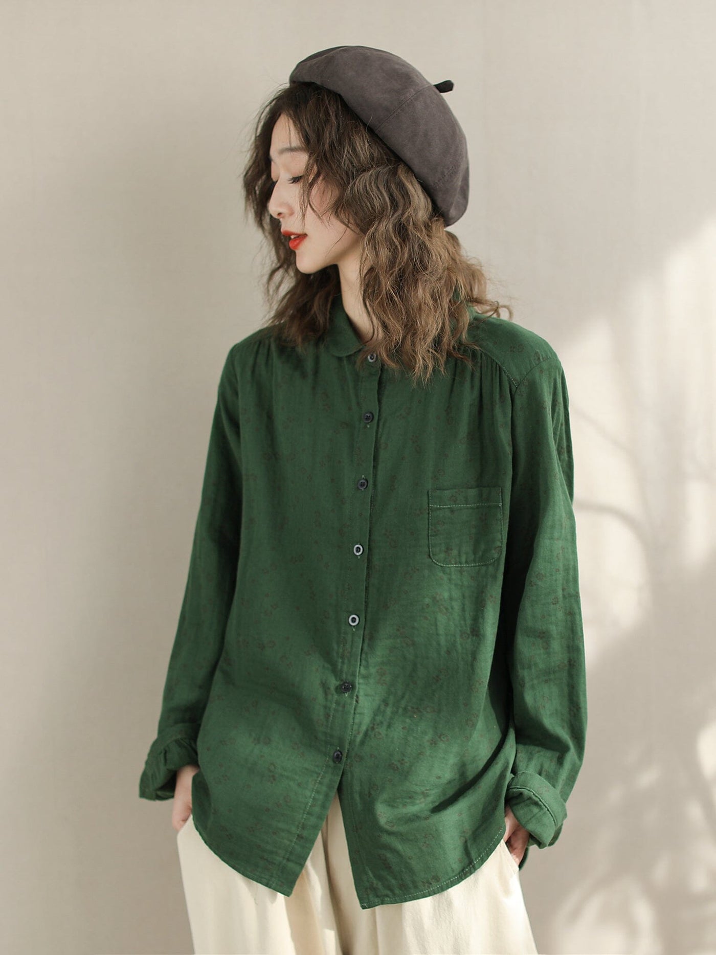 Women Spring Long Sleeve Cotton Casual Blouse Jan 2024 New Arrival Green One Size 