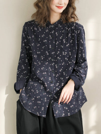Women Spring Long Sleeve Cotton Casual Blouse Jan 2024 New Arrival Navy One Size 