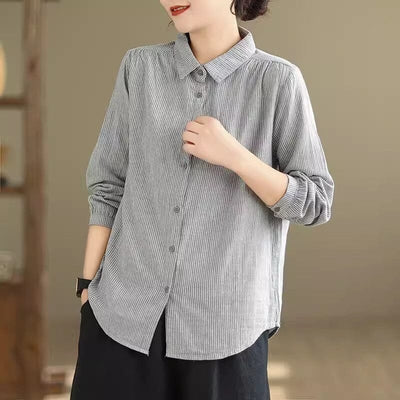 Women Spring Minimalist Casual Solid Stripe Blouse Jan 2024 New Arrival Gray M 