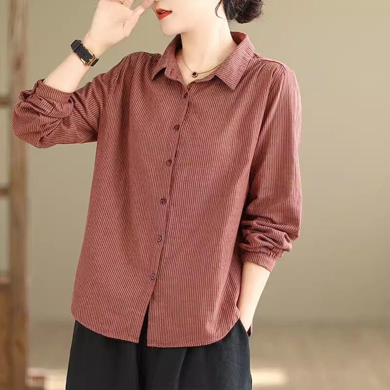 Women Spring Minimalist Casual Solid Stripe Blouse Jan 2024 New Arrival Red M 