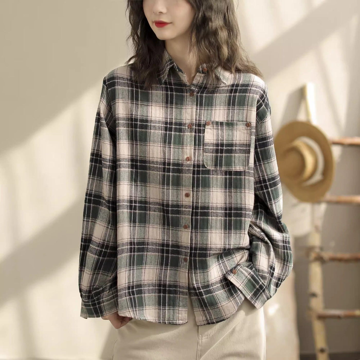 Women Spring Minimalist Plaid Cotton Loose Blouse Jan 2024 New Arrival Green One Size 