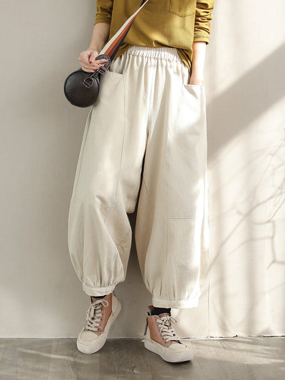 Women Spring Minimalist Solid Casual Cotton Harem Pants Jan 2024 New Arrival Beige One Size 