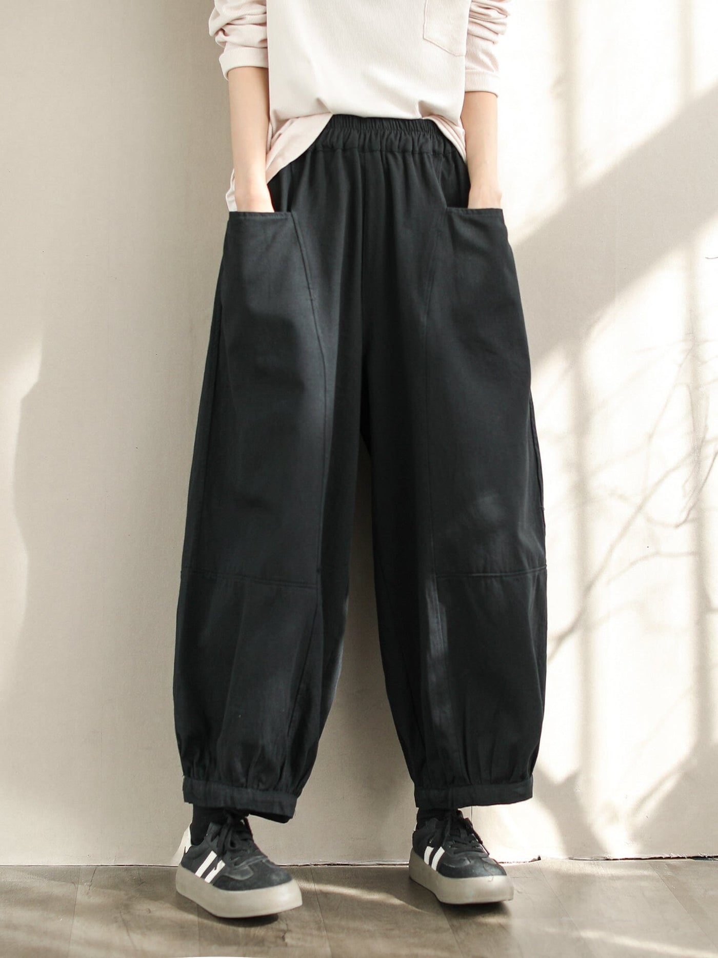Women Spring Minimalist Solid Casual Cotton Harem Pants Jan 2024 New Arrival Black One Size 