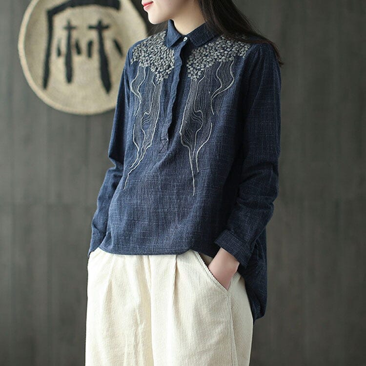 Women Spring Retro Embroidery Cotton Linen Blouse