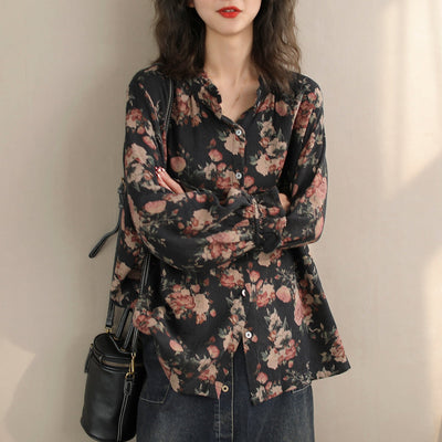 Women Spring Retro Floral Cotton Loose Casual Blouse Jan 2024 New Arrival One Size Black 