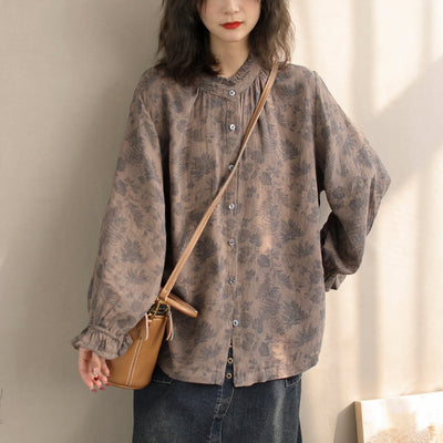 Women Spring Retro Floral Cotton Loose Casual Blouse Jan 2024 New Arrival One Size Gray 