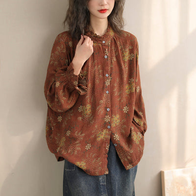 Women Spring Retro Floral Cotton Loose Casual Blouse Jan 2024 New Arrival One Size Orange 