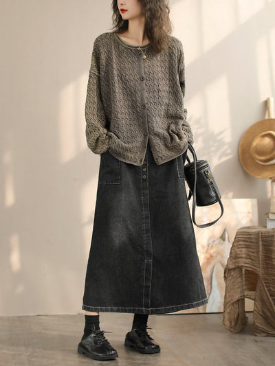 Women Spring Retro Minimalist Cotton Denim Skirt
