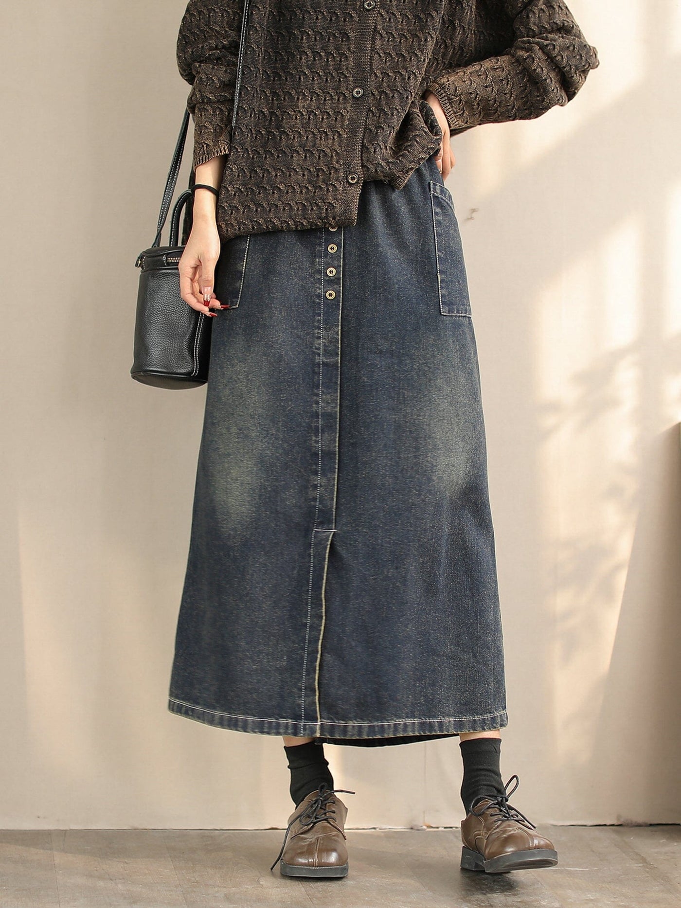 Women Spring Retro Minimalist Cotton Denim Skirt Jan 2024 New Arrival Blue L 