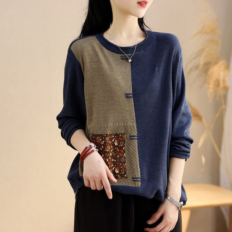 Women Spring Retro Patchwork Color Block Knitted Sweaters