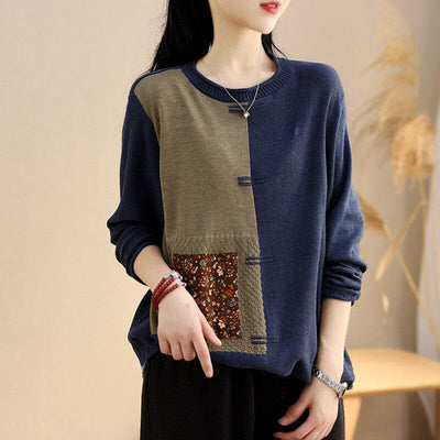 Women Spring Retro Patchwork Color Block Knitted Sweaters