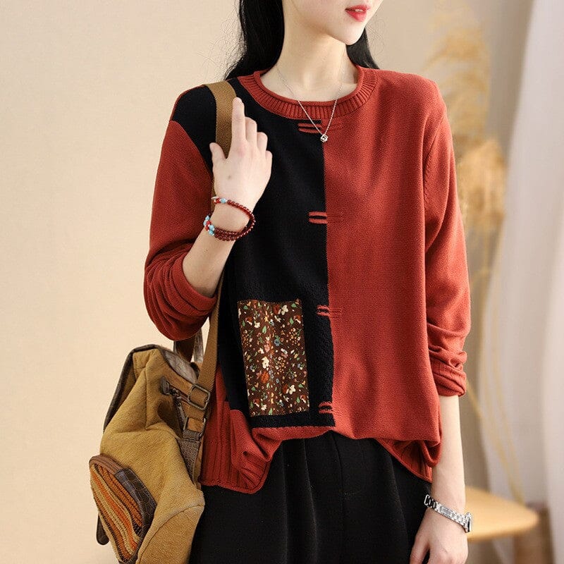 Women Spring Retro Patchwork Color Block Knitted Sweaters
