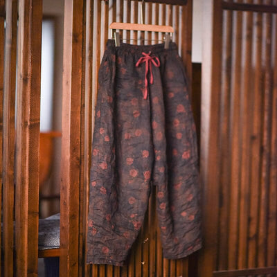 Women Spring Retro Print Linen Loose Casual Pants