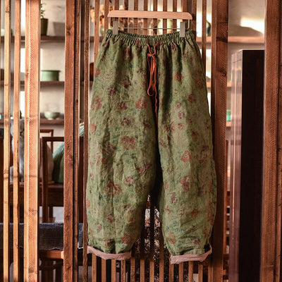 Women Spring Retro Print Linen Loose Casual Pants