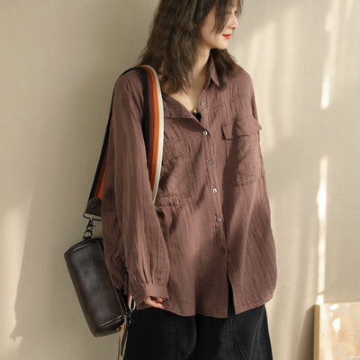 Women Spring Solid Minimalist Cotton Casual Blouse Jan 2024 New Arrival One Size Coffee 