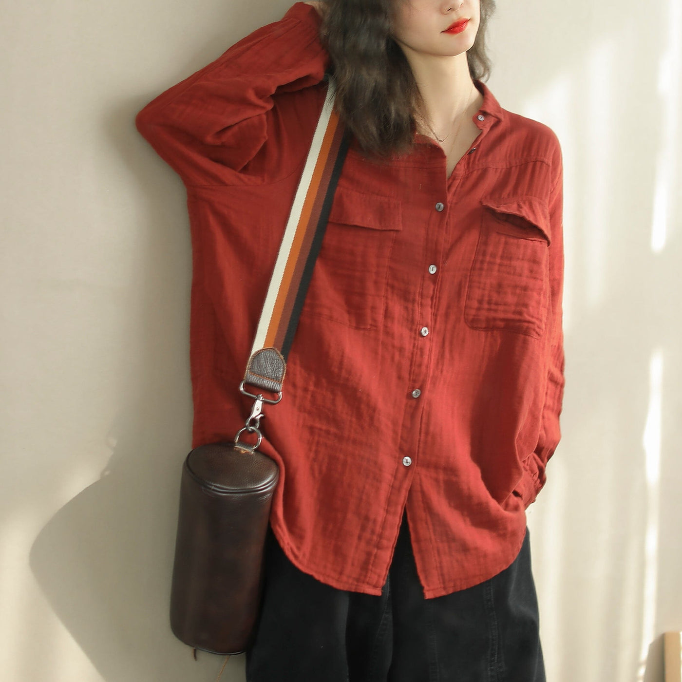 Women Spring Solid Minimalist Cotton Casual Blouse Jan 2024 New Arrival One Size Red 