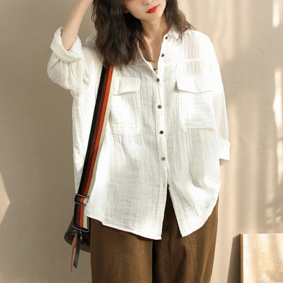 Women Spring Solid Minimalist Cotton Casual Blouse Jan 2024 New Arrival One Size White 