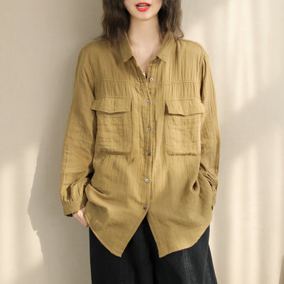 Women Spring Solid Minimalist Cotton Casual Blouse Jan 2024 New Arrival One Size Yellow 