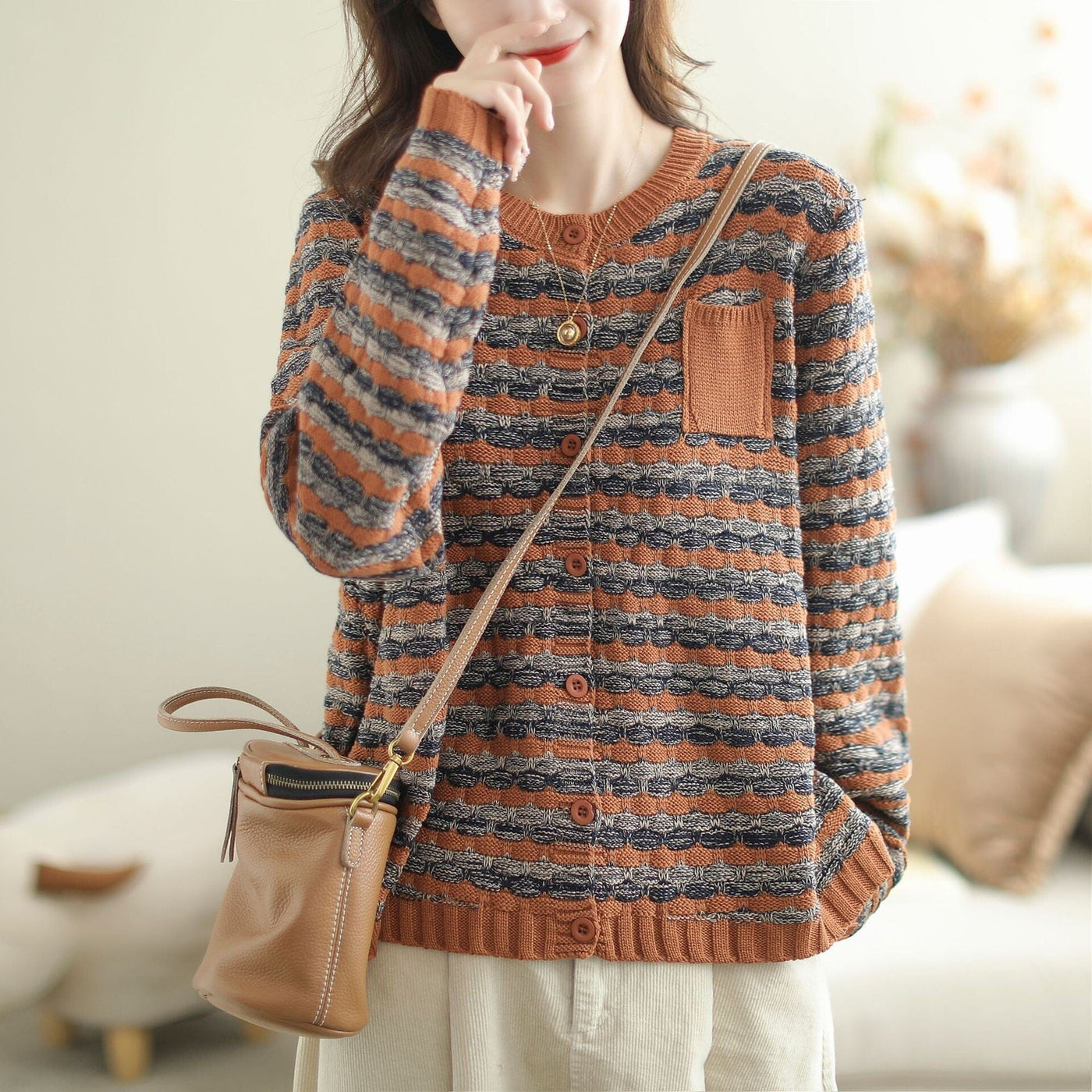 Women Stylish Casual Stripe Knitted Cardigan