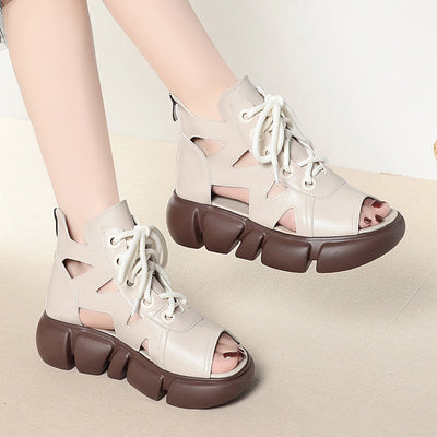 Women Summer Lace Up Platform Peep-Toe Wedge Sandals