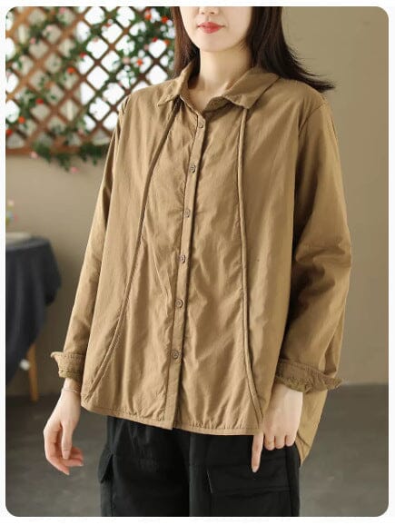 Women Winter Casual Cotton Quilted Blouse Jan 2024 New Arrival Khaki M 