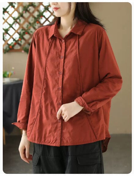 Women Winter Casual Cotton Quilted Blouse Jan 2024 New Arrival Red M 