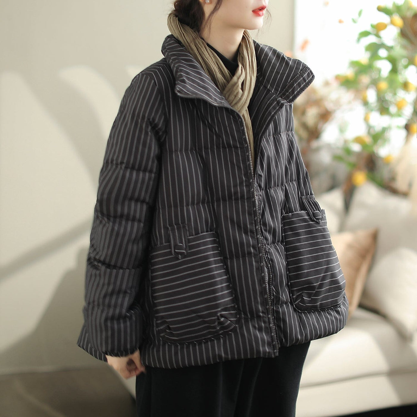 Women Winter Casual Fashion Stripe Down Coat