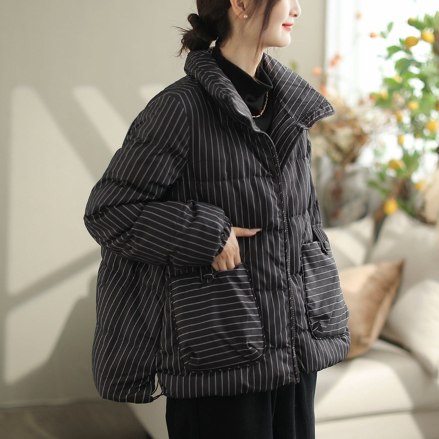 Women Winter Casual Fashion Stripe Down Coat