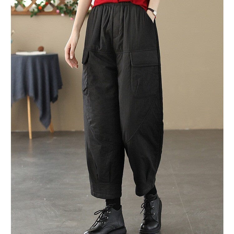 Women Winter Loose Quilted Solid Harem Pants Dec 2023 New Arrival Black M 