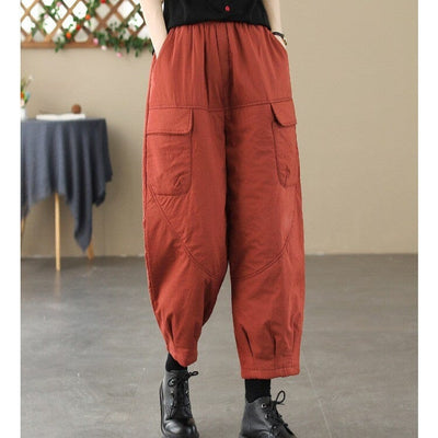 Women Winter Loose Quilted Solid Harem Pants Dec 2023 New Arrival Red M 