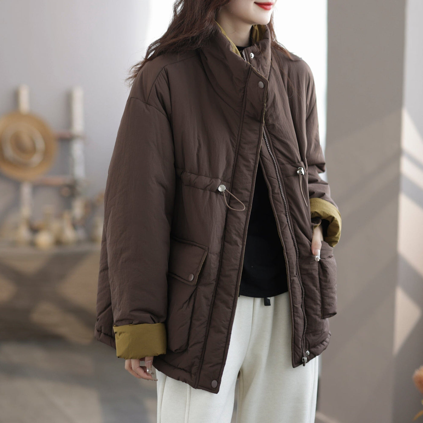 Women Winter Minimalist Casual Quilted Coat Nov 2023 New Arrival M Coffee 