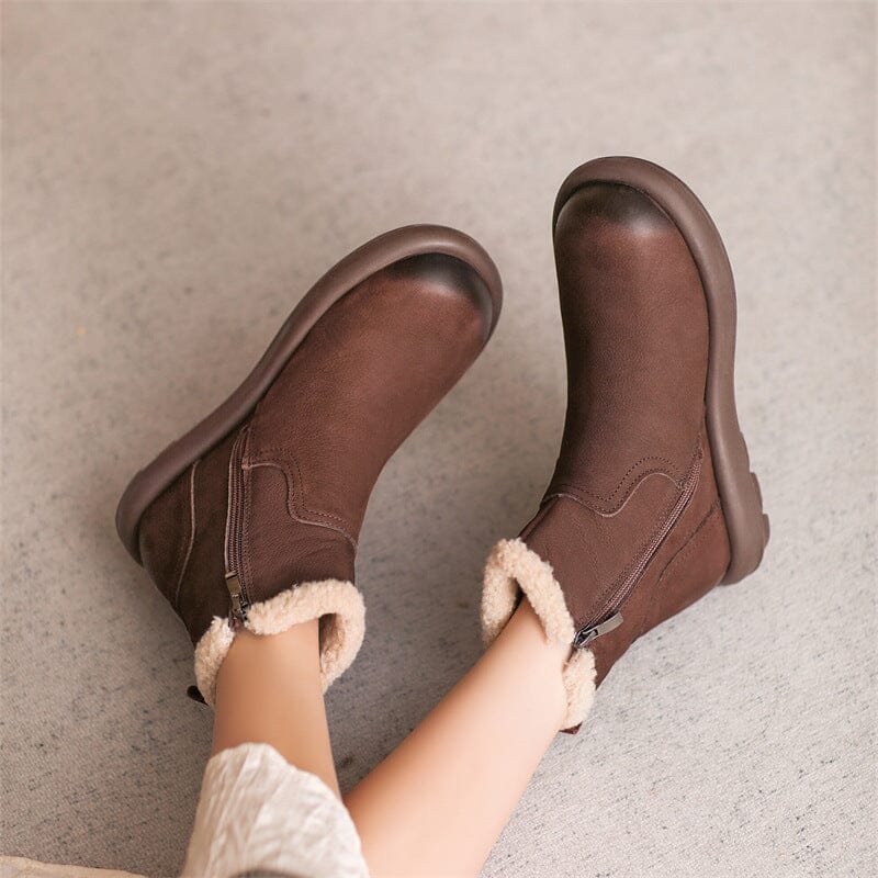 Women Winter Minimalist Leather Furred Flat Boots