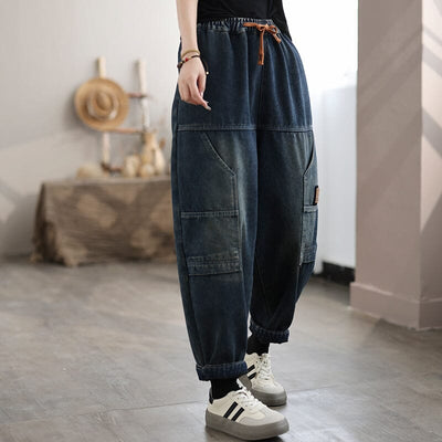 Women Winter Patchwork Furred Loose Casual Jeans