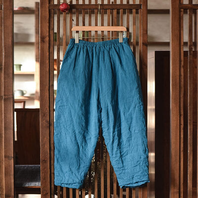 Women Winter Retro Pleated Loose Linen Quilted Pants