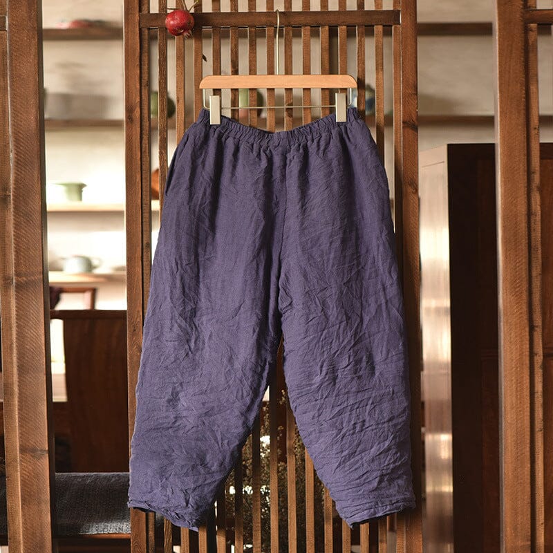 Women Winter Retro Pleated Loose Linen Quilted Pants