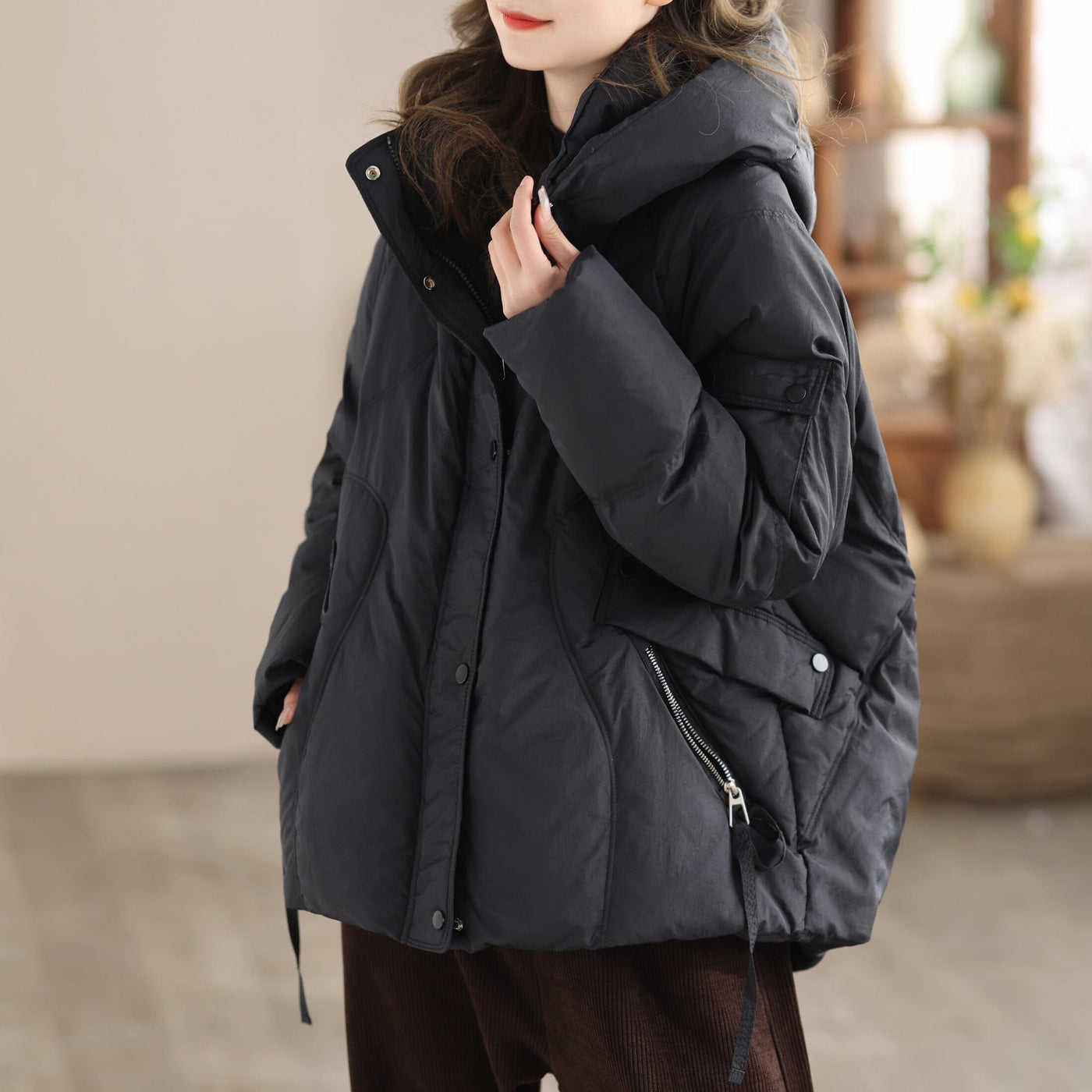 Women Winter Stylish Casual Hooded Down Coat Nov 2023 New Arrival M Black 