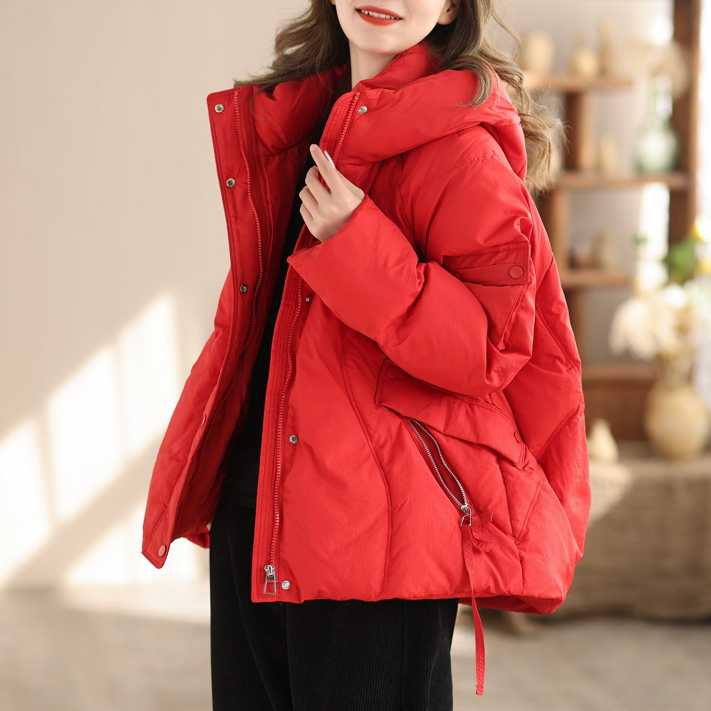 Women Winter Stylish Casual Hooded Down Coat Nov 2023 New Arrival M Red 