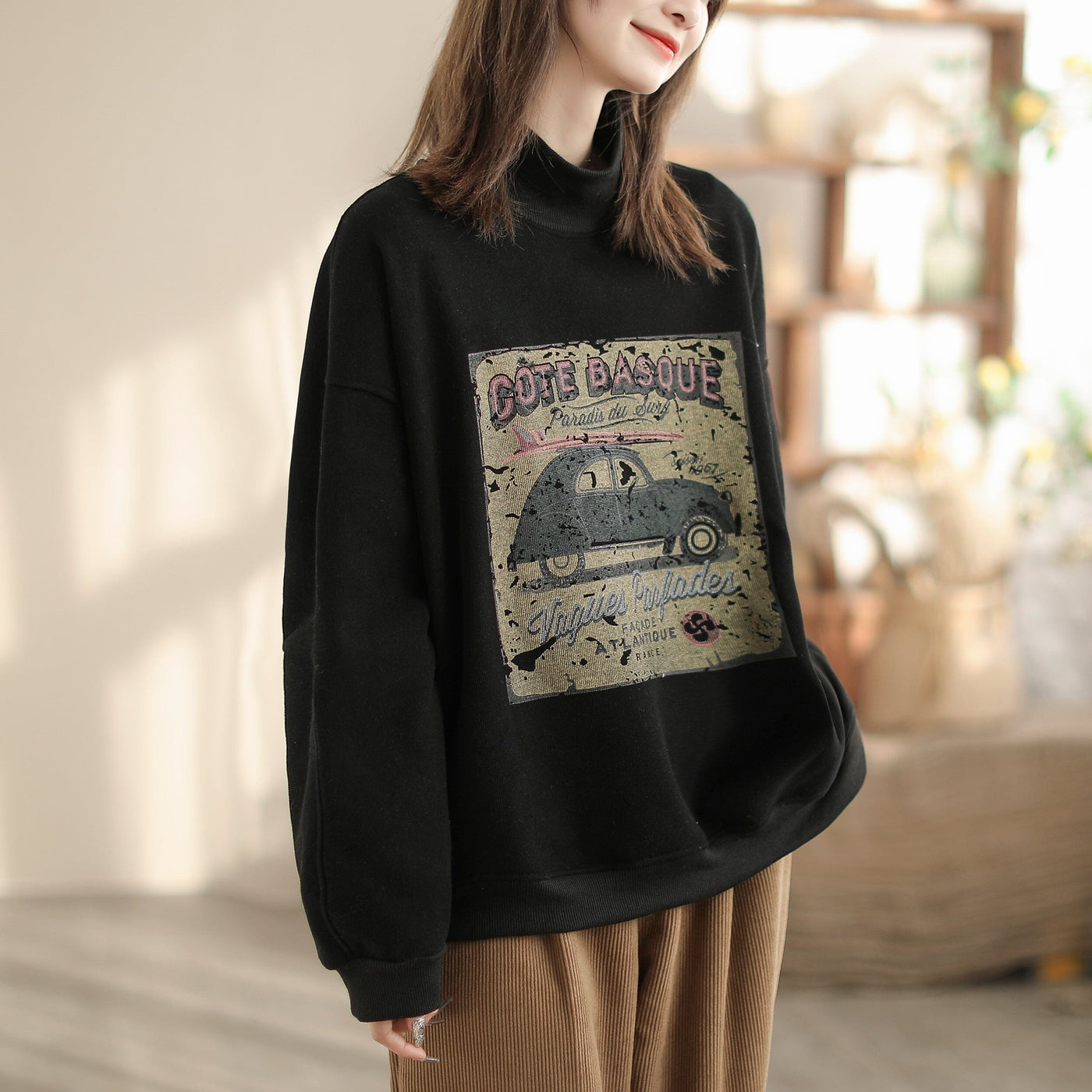 Women Winter Stylish Print Loose Furred Sweater Jan 2024 New Arrival One Size Black 