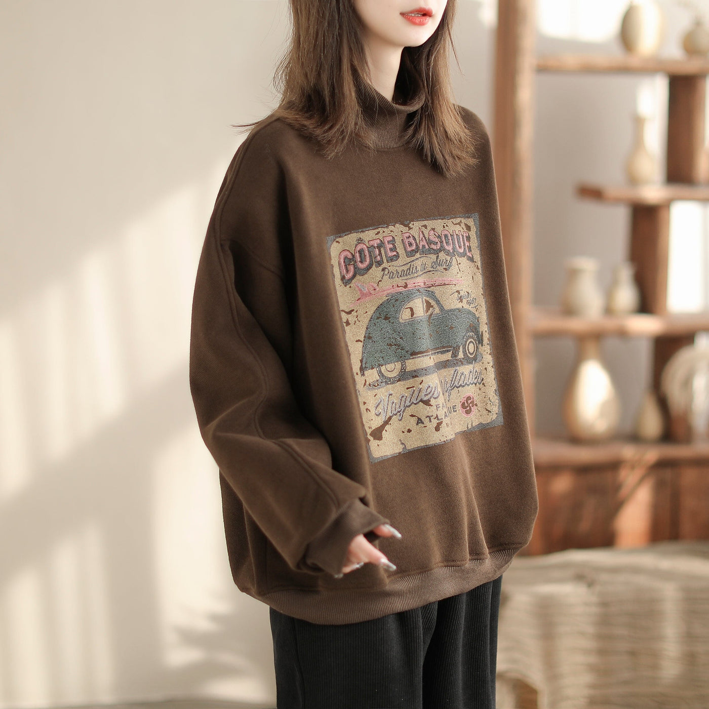 Women Winter Stylish Print Loose Furred Sweater Jan 2024 New Arrival One Size Coffee 