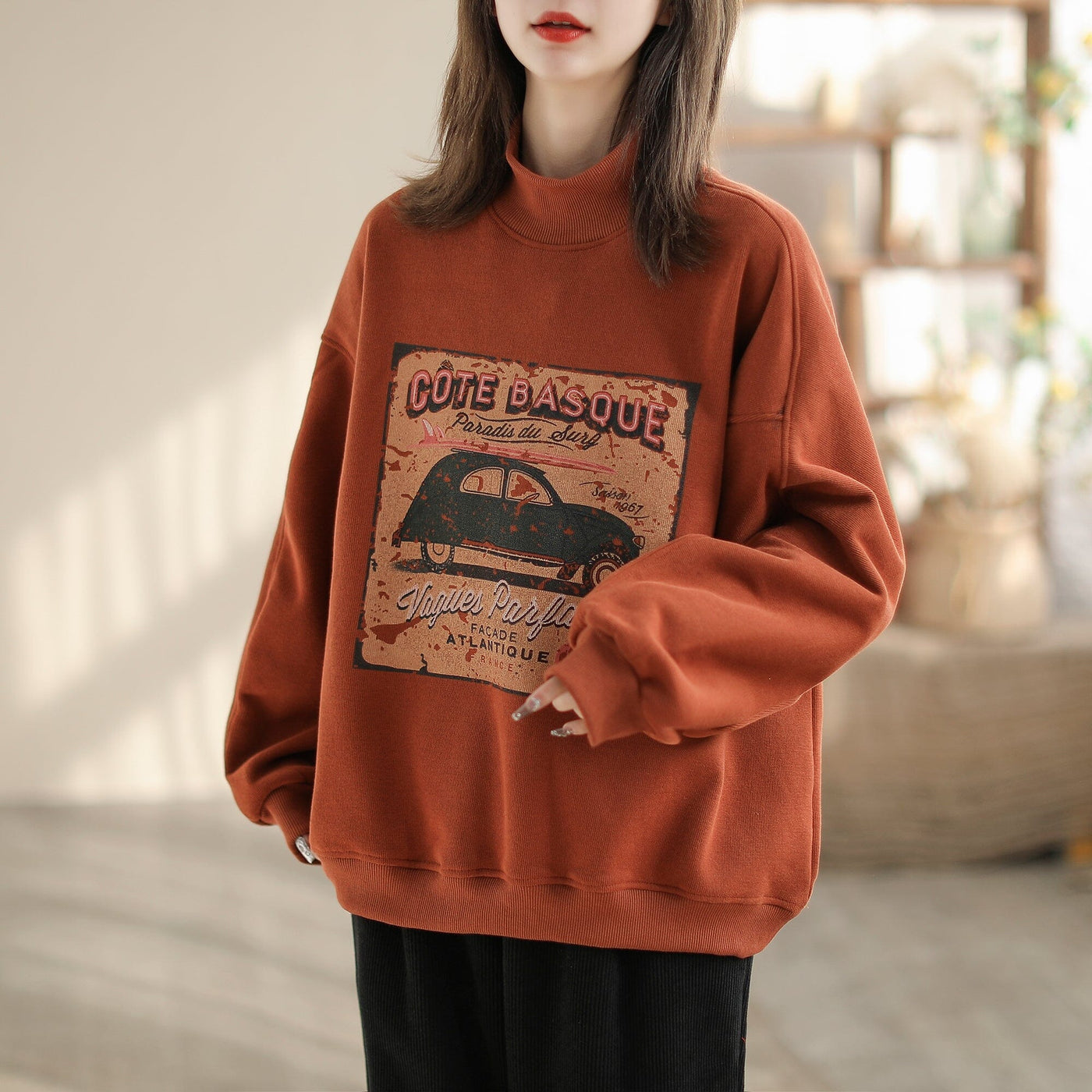Women Winter Stylish Print Loose Furred Sweater