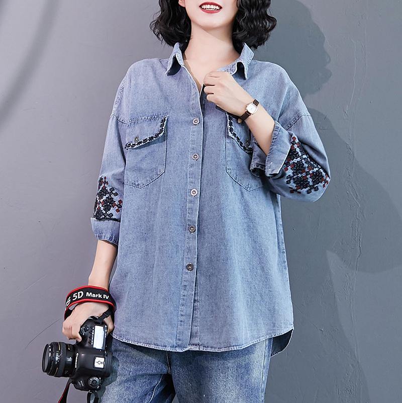 2020 Embroidered Denim Shirt Long Sleeves Autumn S 