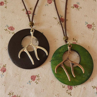 Accessory Retro Round Shape Metal Wood Necklace - Babakud