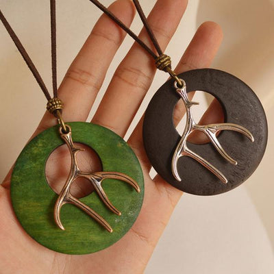Accessory Retro Round Shape Metal Wood Necklace
